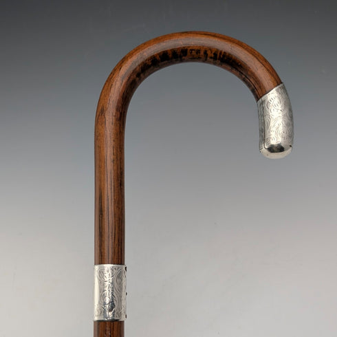 1921 年英國古董棕色手柄,彎曲手柄,純銀裝飾,手杖,92 厘米,J Howell & Co.